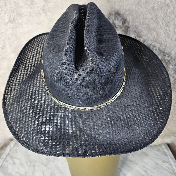 Vintage Mexican Wide Brim Black Sombrero Straw Cowboy Hat - Picture 3 of 11
